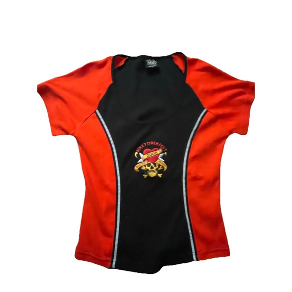 Biker Design Tops - Daytona Beach Biketoberfest 2008 Women's V-Neck T-Shirt Orange/Black Large